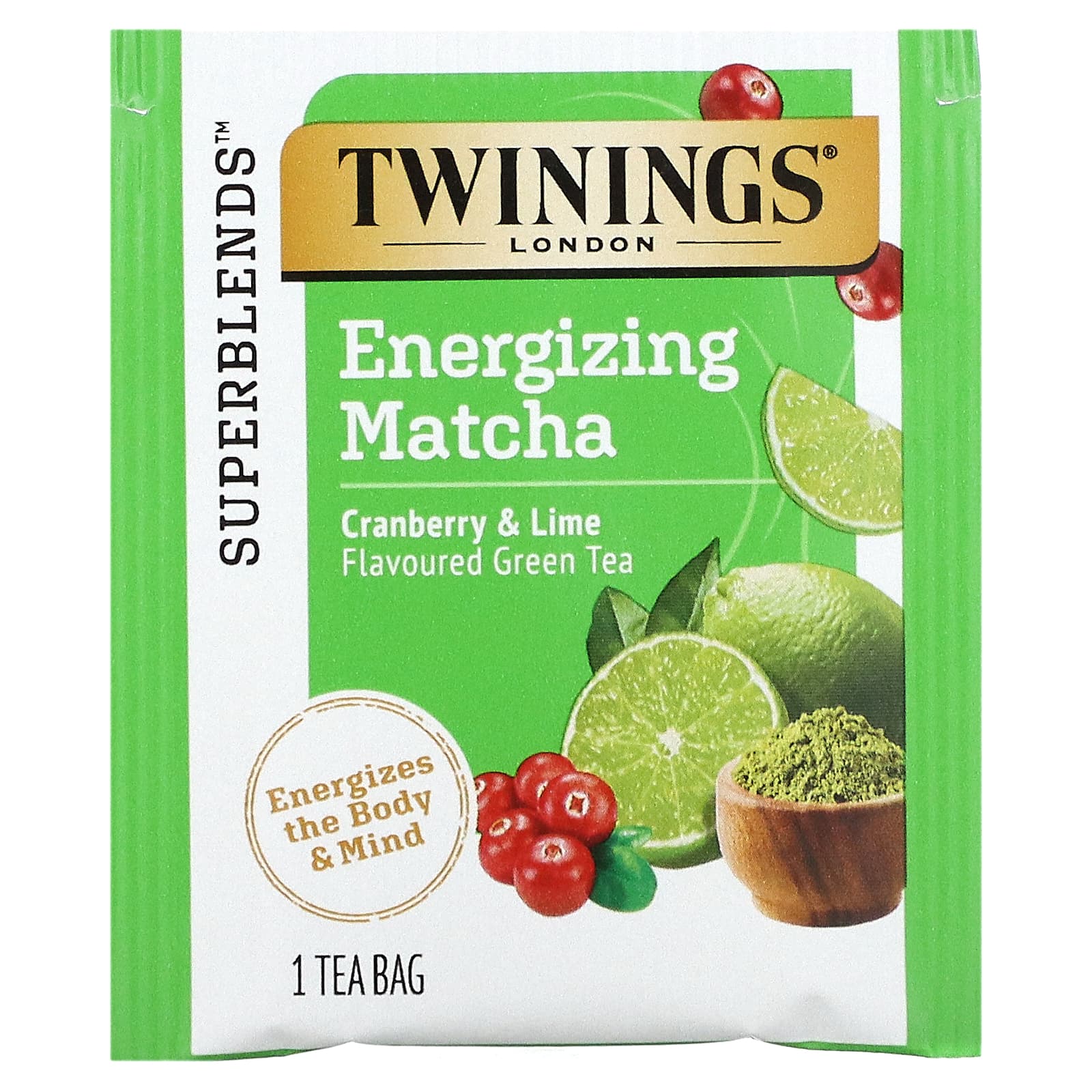 Twinings, бодрящий зеленый чай с матчей, клюквой и лаймом, 18 чайных пакетиков, 36 г (1,27 унции)