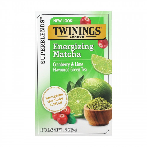 Twinings, бодрящий зеленый чай с матчей, клюквой и лаймом, 18 чайных пакетиков, 36 г (1,27 унции)