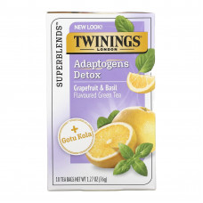 Twinings, Detox, адаптогены, зеленый чай со вкусом грейпфрута и базилика, 18 чайных пакетиков, 36 г (1,27 унции)