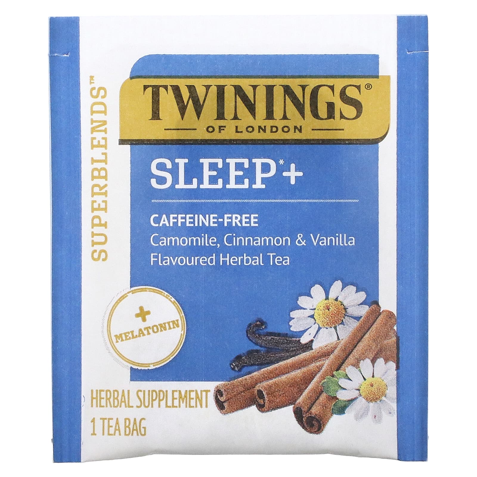 Twinings, Superblends, Melatonin, травяной чай с ромашкой, корицей и ванилью, без кофеина, 16 чайных пакетиков, 24 г (0,85 унции)