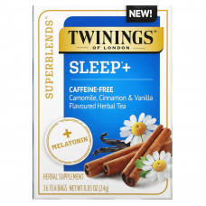 Twinings, Superblends, Melatonin, травяной чай с ромашкой, корицей и ванилью, без кофеина, 16 чайных пакетиков, 24 г (0,85 унции)