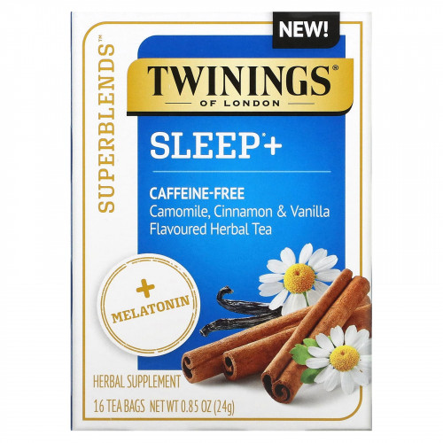 Twinings, Superblends, Melatonin, травяной чай с ромашкой, корицей и ванилью, без кофеина, 16 чайных пакетиков, 24 г (0,85 унции)