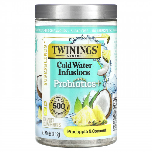 Twinings, Superblends, настои из холодной воды, пробиотики, ананас и кокос, без кофеина, 10 шт. Для заваривания в холодной воде, 25 г (0,88 унции)