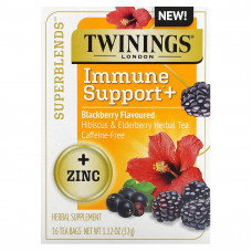 Twinings, Superblends, Immune Support, травяной чай из гибискуса и бузины, ежевика, без кофеина, 16 чайных пакетиков, 32 г (1,12 унции)