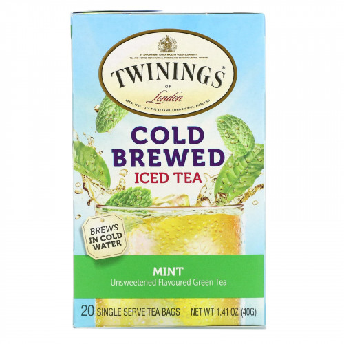 Twinings, холодный чай со льдом, несладкий зеленый чай, вкус мяты, 20 индивидуальных чайных пакетиков, 40 г (1,41 унции)