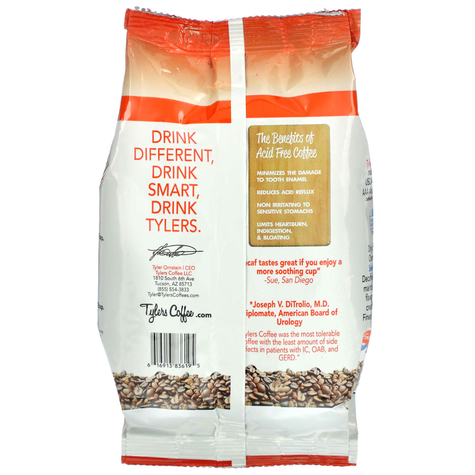 Tylers Coffees, Органический кофе, цельные зерна, без кофеина, 12 унций