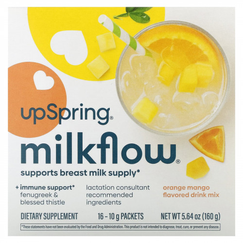 UpSpring, Смесь для напитков Milkflow, апельсин и манго`` 16 пакетиков по 10 г