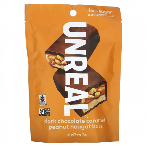 Unreal, Батончики с арахисом и нуга, темный шоколад и карамель, 95 г (3,4 унции)