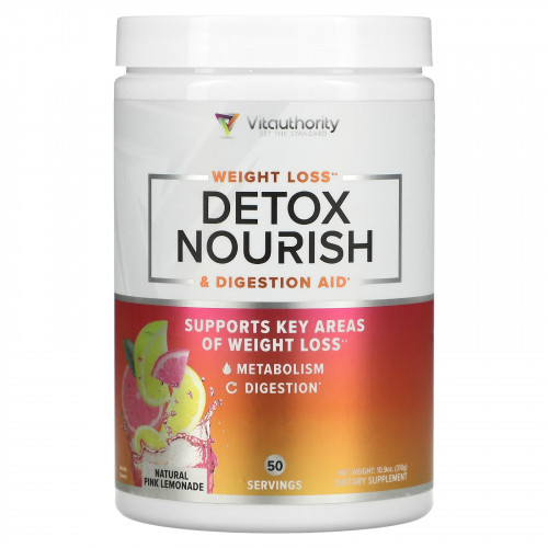 Vitauthority, Detox Nourish, средство для снижения веса и поддержки пищеварения, натуральный розовый лимонад, 310 г (10,9 унции)