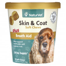 NaturVet, Средство для облегчения дыхания Skin & Coat Plus, для собак, 70 жевательных таблеток, 154 г (5,4 унции)