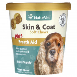NaturVet, Средство для облегчения дыхания Skin & Coat Plus, для собак, 70 жевательных таблеток, 154 г (5,4 унции)