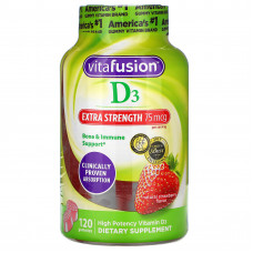 VitaFusion, Витамин D3 повышенной силы действия, поддержка костей и иммунитета, натуральный клубничный вкус, 37.5 мкг, 120 жевательных мармеладок