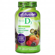 VitaFusion, витамин D3, с натуральным вкусом персика и ягод, 25 мкг (1000 МЕ), 150 жевательных таблеток