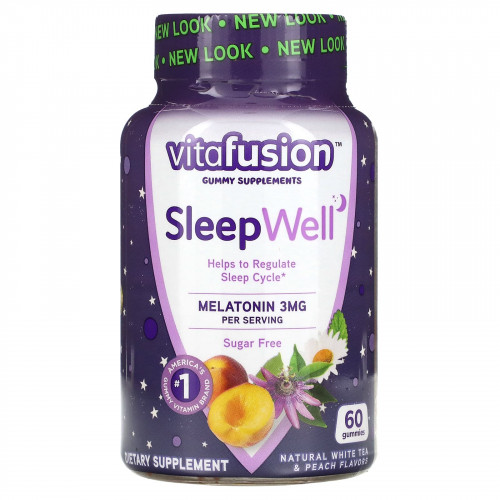 VitaFusion, SleepWell, поддержка сна для взрослых, натуральный белый чай и персик, 60 жевательных таблеток