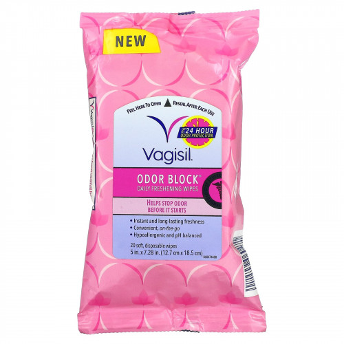 Vagisil, Ежедневные освежающие салфетки, блокирующие запах, 20 мягких одноразовых салфеток, 5 x 7,28 дюйма