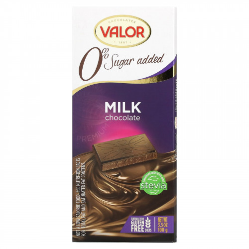 Valor, плиточный молочный шоколад со стевией, без добавления сахара, 100 г (3,5 унции)