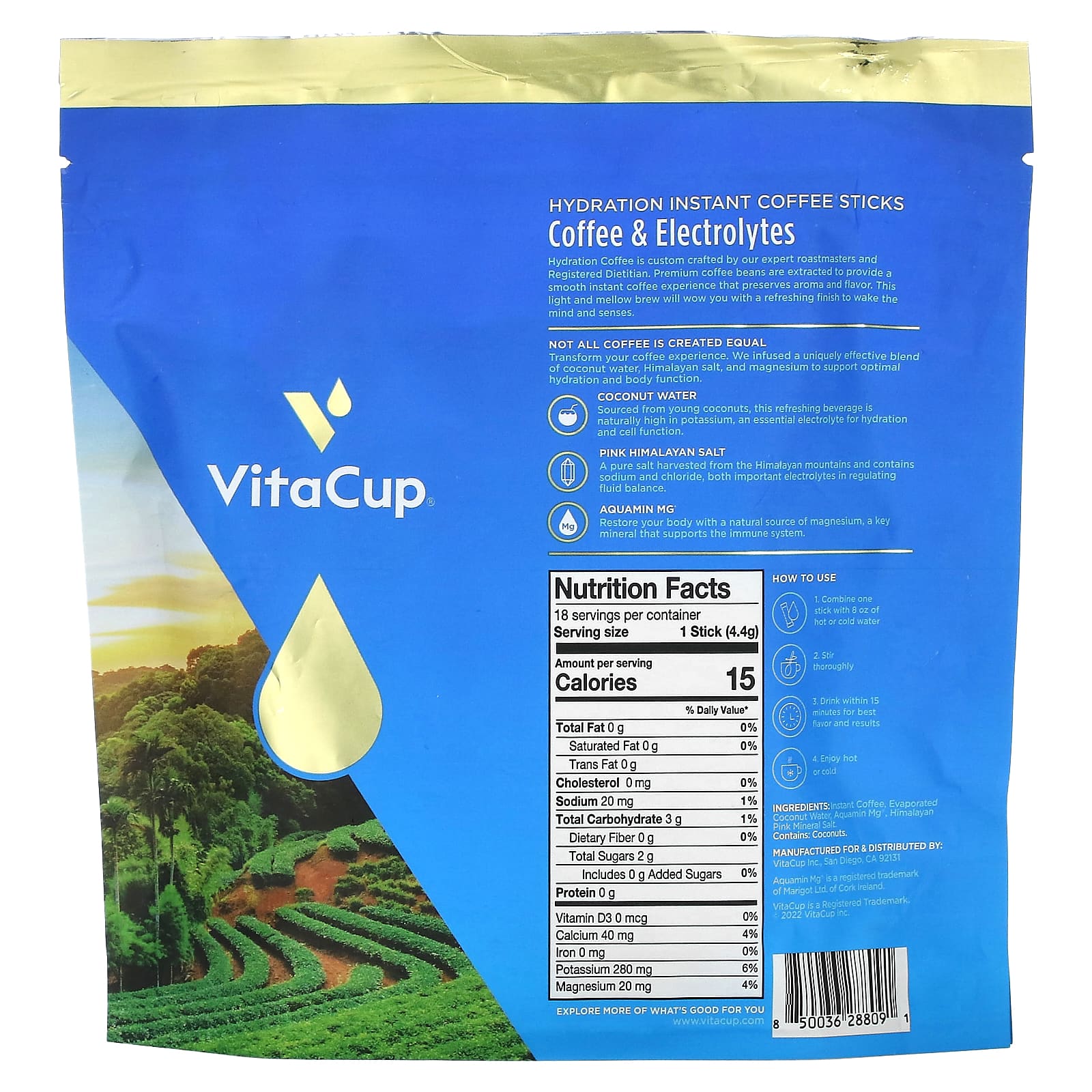 VitaCup, Hydration, кофе и электролиты, растворимый кофе, средней обжарки, 18 порционных стиков по 4,4 г (0,16 унции)