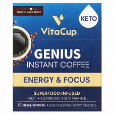 VitaCup, Растворимый кофе Genius, средней темной обжарки, 10 упаковок для еды, по 3,8 г (0,13 унции) каждая