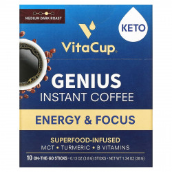 VitaCup, Растворимый кофе Genius, средней темной обжарки, 10 упаковок для еды, по 3,8 г (0,13 унции) каждая