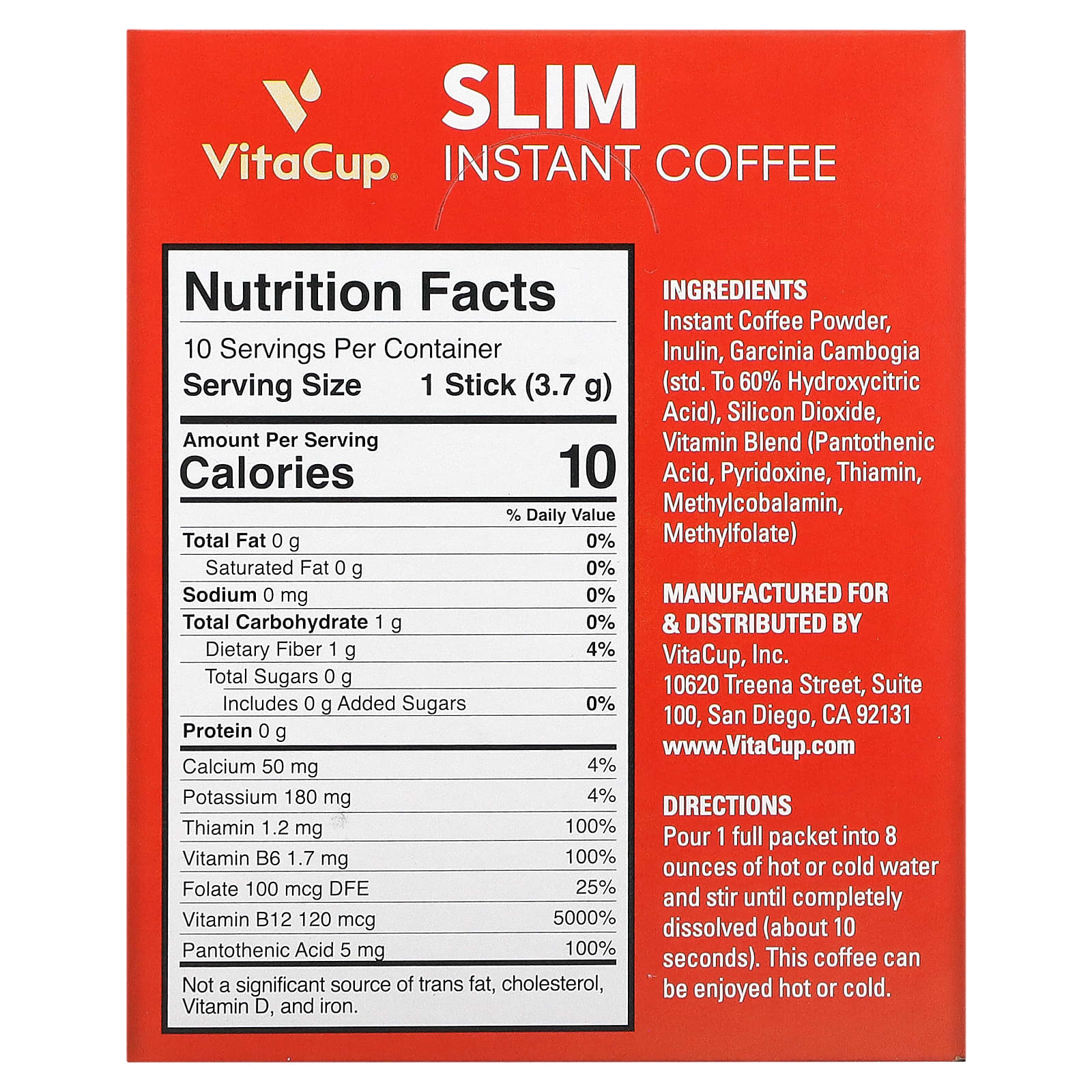 VitaCup, Растворимый кофе Slim, средней темной обжарки, 10 палочек для еды, по 3,7 г (0,13 унции) каждый