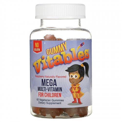 Vitables, жевательные мегамультивитамины для детей, без желатина, малиновый вкус, 60 вегетарианских жевательных мармеладок