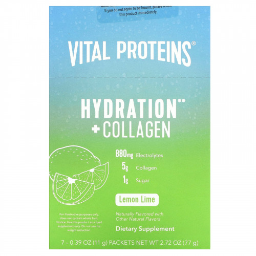 Vital Proteins, Hydration + Collagen, лимон и лайм, 7 пакетиков по 11 г (0,39 унции)