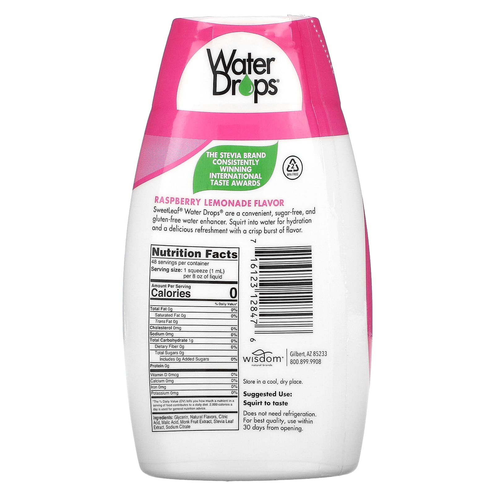 Wisdom Natural, SweetLeaf, Water Drops, вкусовая добавка со стевией, «Малиновый лимонад», 48 мл (1,62 жидк. унции)