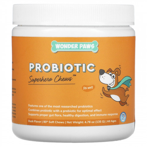Wonder Paws, Probiotic, супергеройские жевательные таблетки для собак, для всех возрастов, для утки, 90 мягких жевательных таблеток