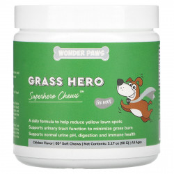 Wonder Paws, Grass Hero, Superhero Chews для собак, для всех возрастов, с курицей, 60 жевательных таблеток, 90 г (3,17 унции)