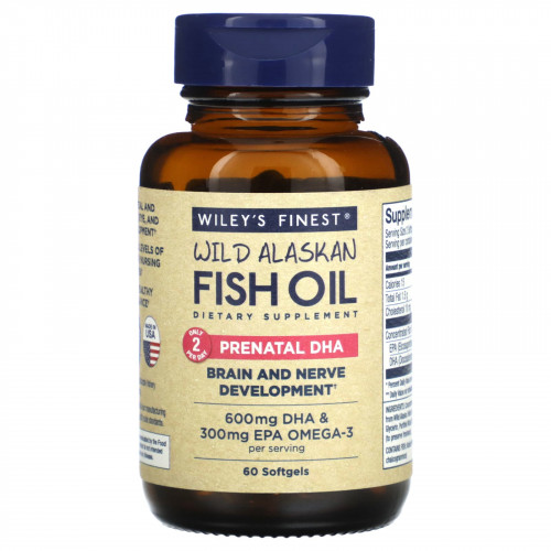 Wiley's Finest, Аляскинский рыбий жир, пренатальная ДГК, 600 мг, 60 рыбных  мягких капсул