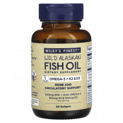 Wiley's Finest, Жир дикой аляскинской рыбы, омега-3 + K2 и D3, 60 рыбных капсул