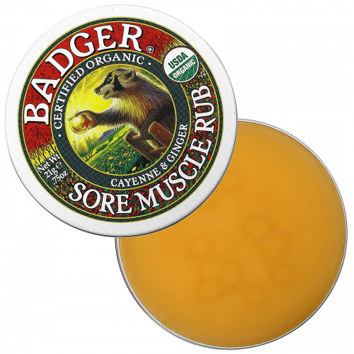 Badger Company, Sore Muscle Rub, мазь от боли в мышцах с кайенским перцем и имбирем, 21 г (0,75 унции)