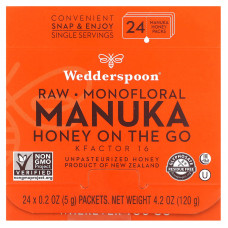 Wedderspoon, Необработанный монофлорный мед манука на ходу, KFactor 16, 24 пакетика, 5 г (0,2 унции)