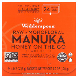 Wedderspoon, Необработанный монофлорный мед манука на ходу, KFactor 16, 24 пакетика, 5 г (0,2 унции)