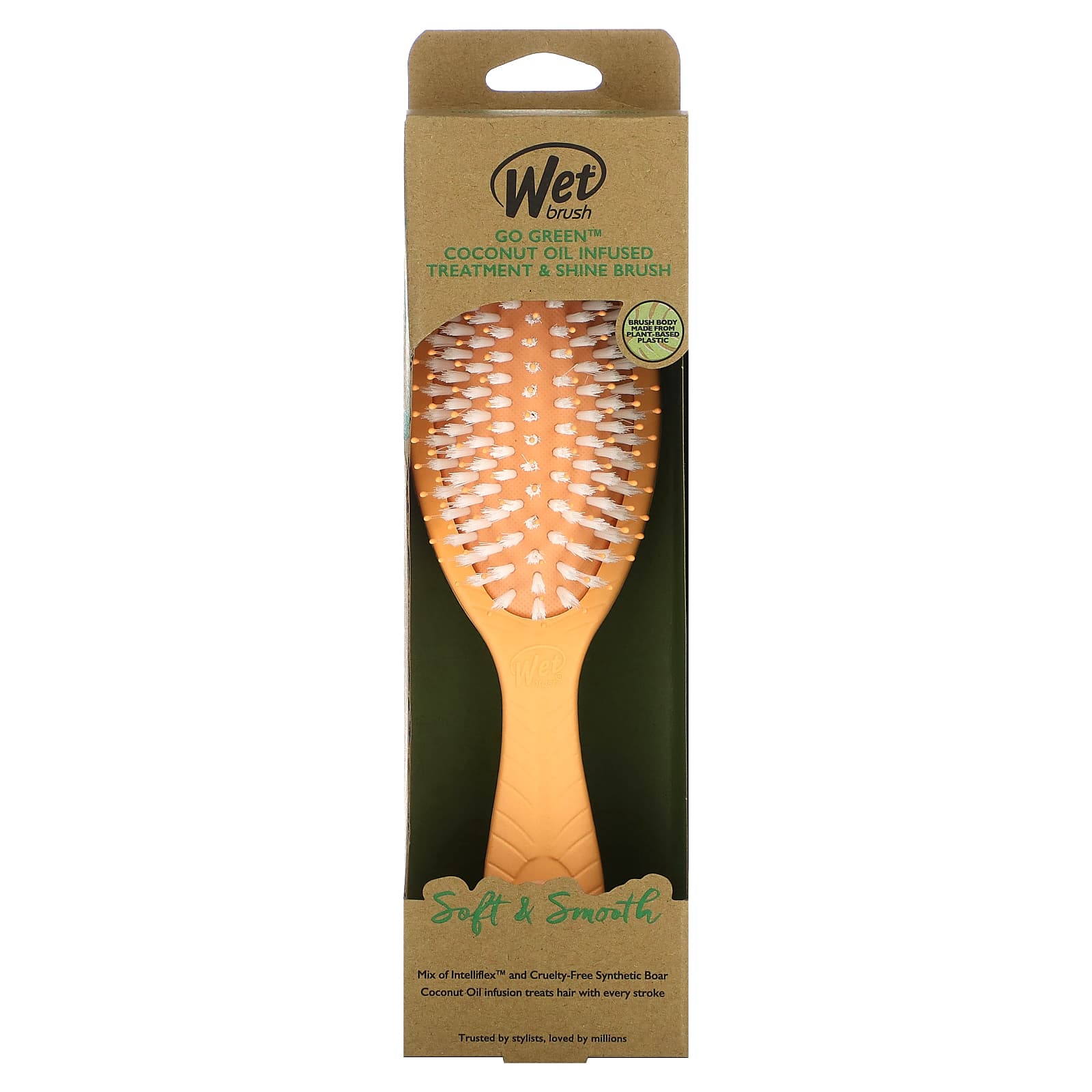 Wet Brush, Go Green TM, кисть для ухода и блеска с кокосовым маслом, апельсин, 1 шт.