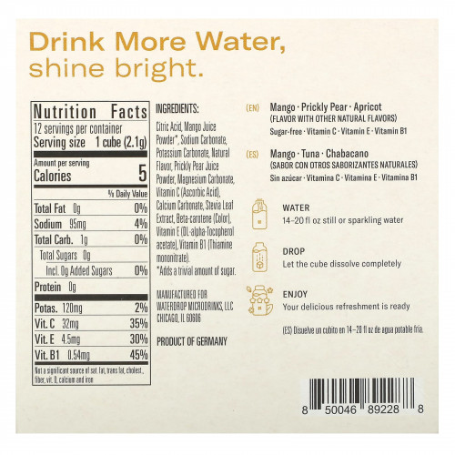 Waterdrop, Microdrink, витамины и гидратанты, для сияния, манго и опунция, 12 кубиков, 25,2 г (0,89 унции)