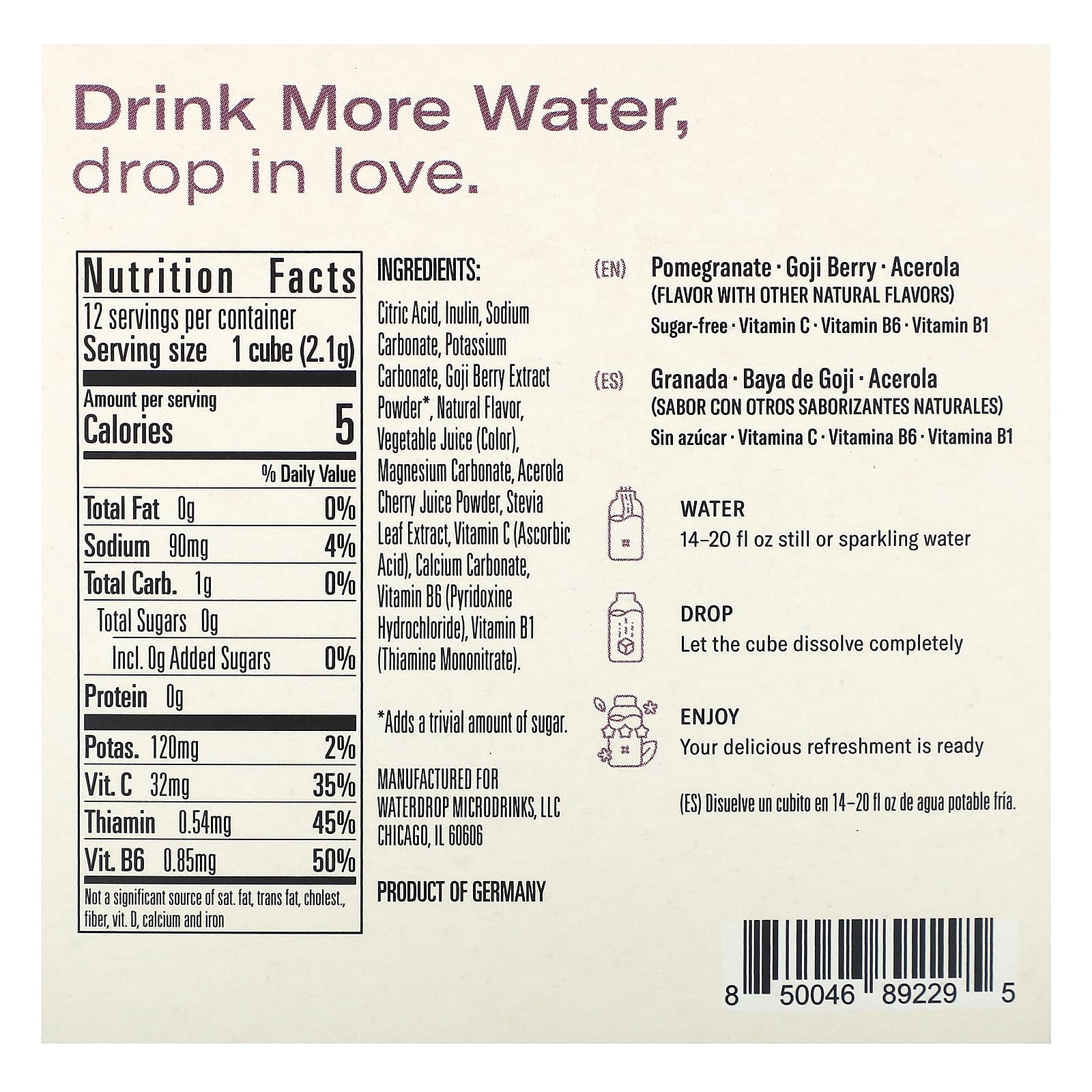 Waterdrop, MicroDRink, Love, ягоды годжи и ацерола, 12 кубиков, 25,2 г (0,89 унции)