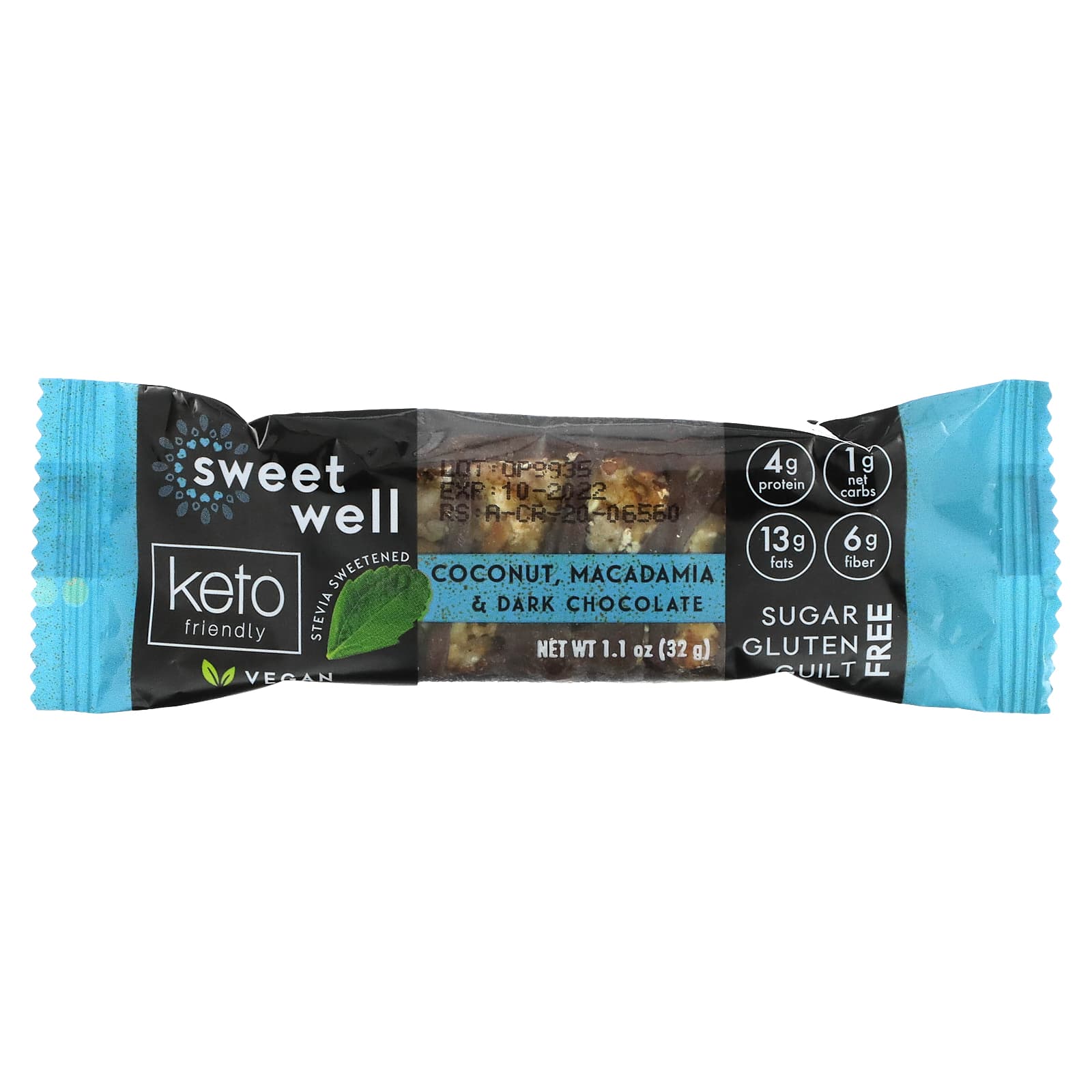 Sweetwell, Keto Bar, кокос, макадамия и темный шоколад, 10 батончиков по 32 г (1,1 унции)