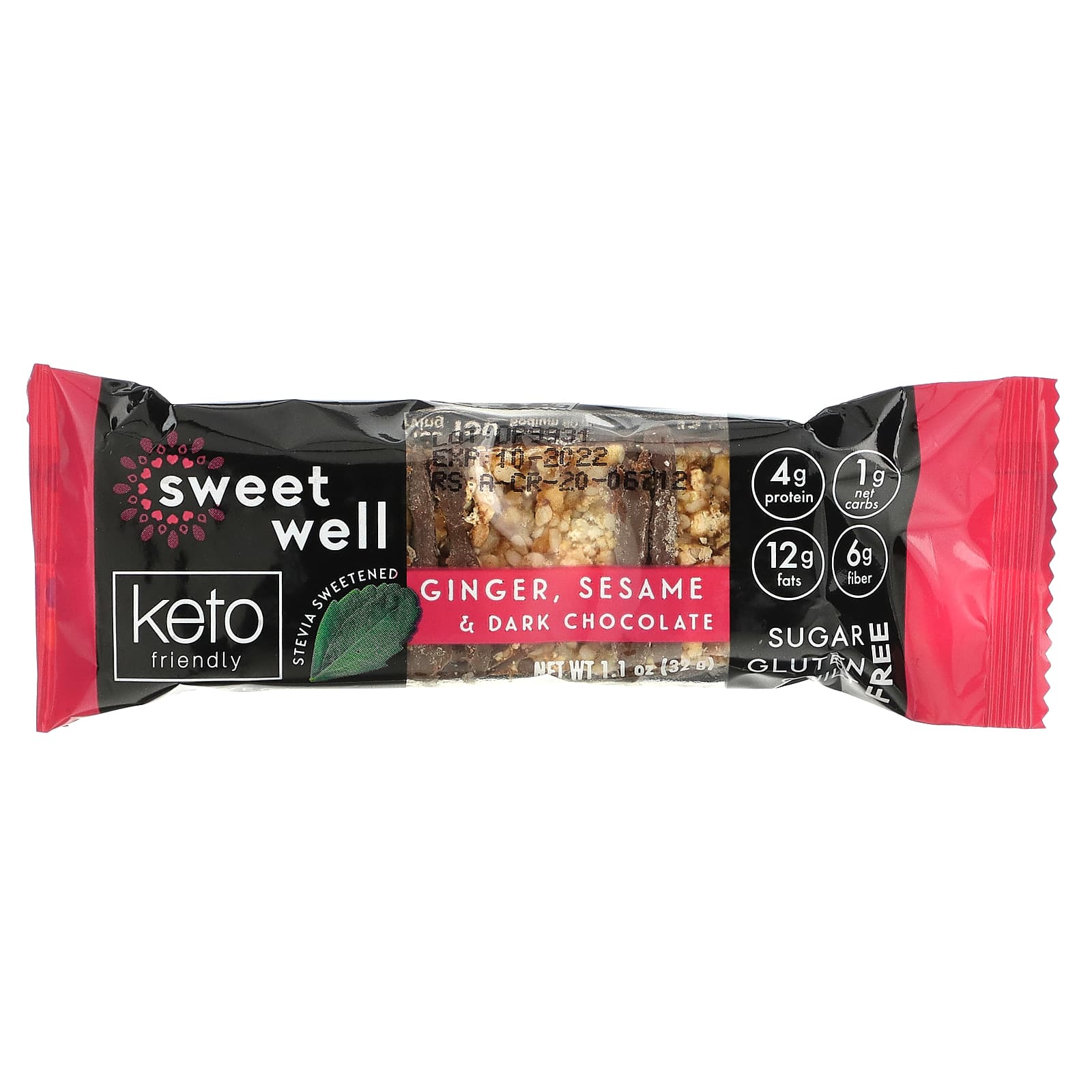 Sweetwell, Keto Bar, имбирь, кунжут и темный шоколад, 10 батончиков по 32 г (1,1 унции)