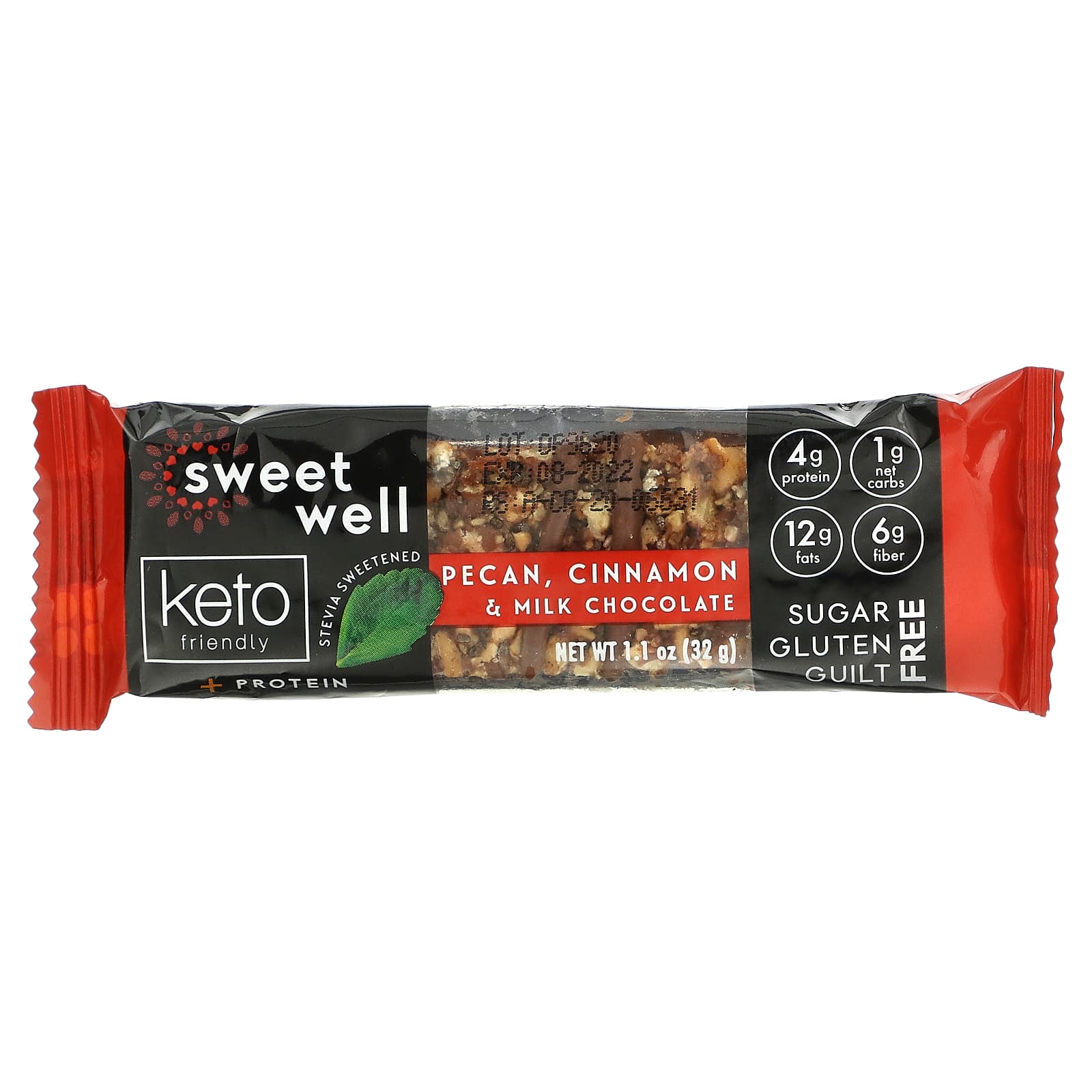 Sweetwell, Keto Bar, батончик с пеканом, корицей и молочным шоколадом, 10 батончиков, 32 г (1,1 унции)