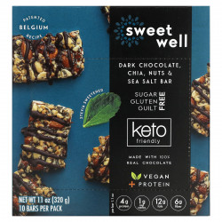 Sweetwell, Keto Bar, чиа, орехи, морская соль и темный шоколад, 10 батончиков по 32 г (1,1 унции)