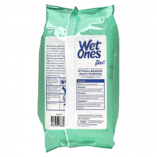 Wet Ones, Гипоаллергенное универсальное средство с салфетками с витаминами A, C и E, для собак, без отдушек, 100 салфеток