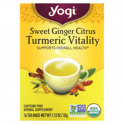 Yogi Tea, Sweet Ginger Citrus Turmeric Vitality, без кофеина, 16 чайных пакетиков, 1,12 унции (32 г)