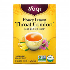 Yogi Tea, Органический, Throat Comfort, со вкусом меда и лимона, без кофеина, 16 чайных пакетиков, 1.12 унций (32 г)