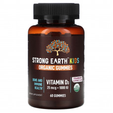 YumV's, Strong Earth Kids Organic Gummies, Vitamin D3, Strawberry & Raspberry, 25 mcg (1,000 IU), 60 Gummies