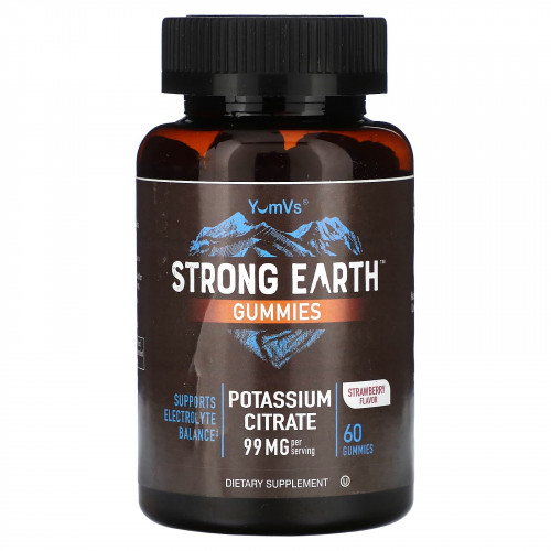 YumV's, Strong Earth, жевательные таблетки, цитрат калия, клубника, 49,5 мг, 60 жевательных таблеток