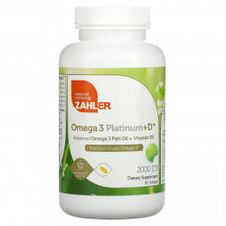 Zahler, Omega 3 Platinum+D, усовершенствованный рыбий жир с омега-3 и витамином D3, 1000 мг, 90 капсул