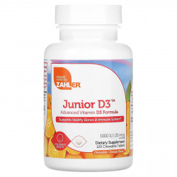 Zahler, Junior D3, улучшенная формула витамина D3, апельсин, 25 мкг (1000 МЕ), 120 жевательных таблеток