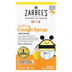 Zarbee's, детский успокаивающий сироп от кашля, для детей от 12 до 24 месяцев, вкус натурального персика и меда, 59 мл (2 жидк. унции)