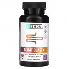 Zhou Nutrition, Bloat Blast+, добавка против вздутия живота, 30 веганских капсул